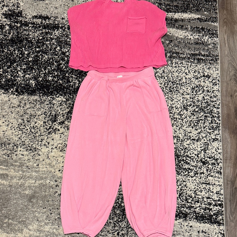 Pink Ribbed Top and Sweater Pants Set